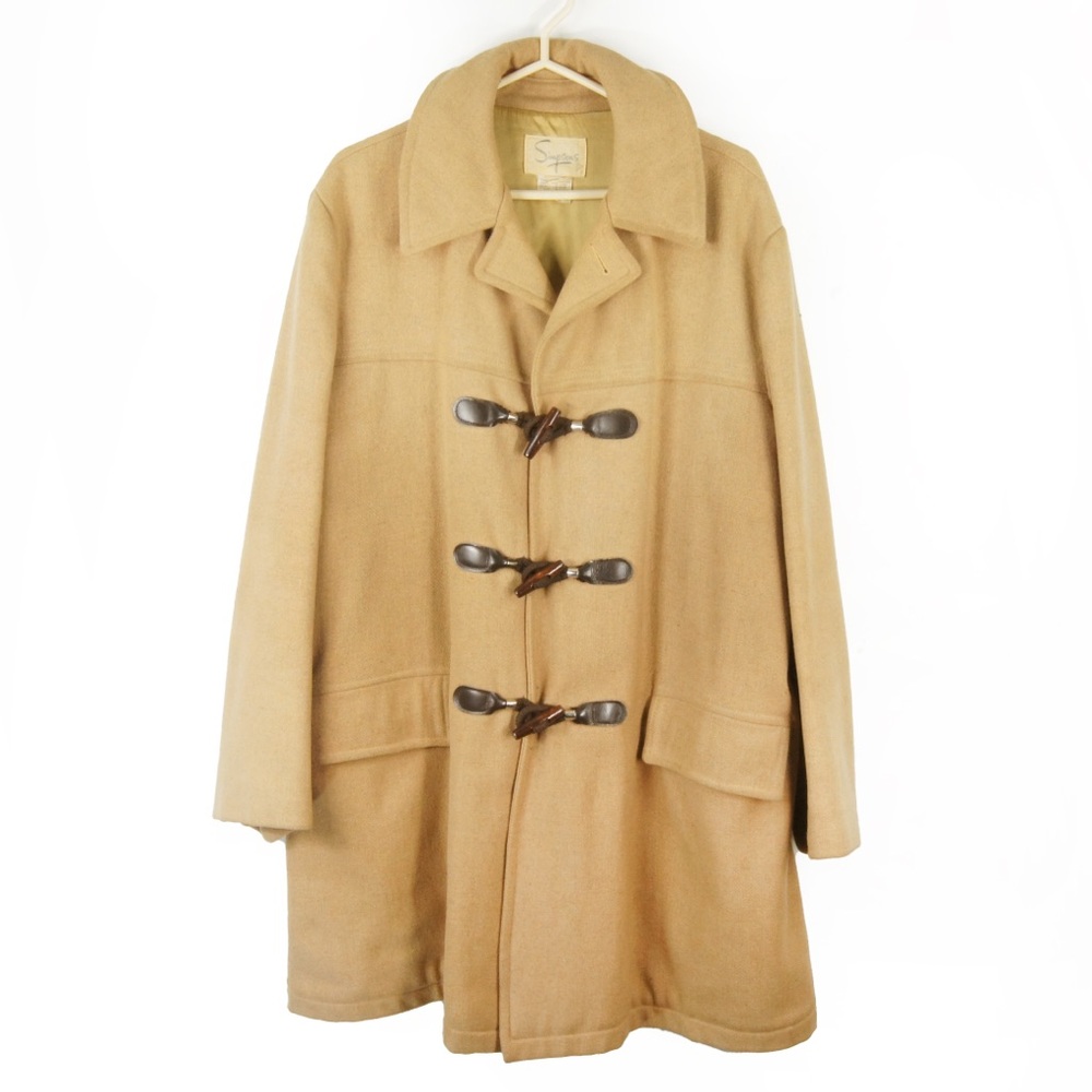 Vintage 60s 70s Simpsons Beige Wool Plaid Lined Trench Long Duffle Toggle Coat